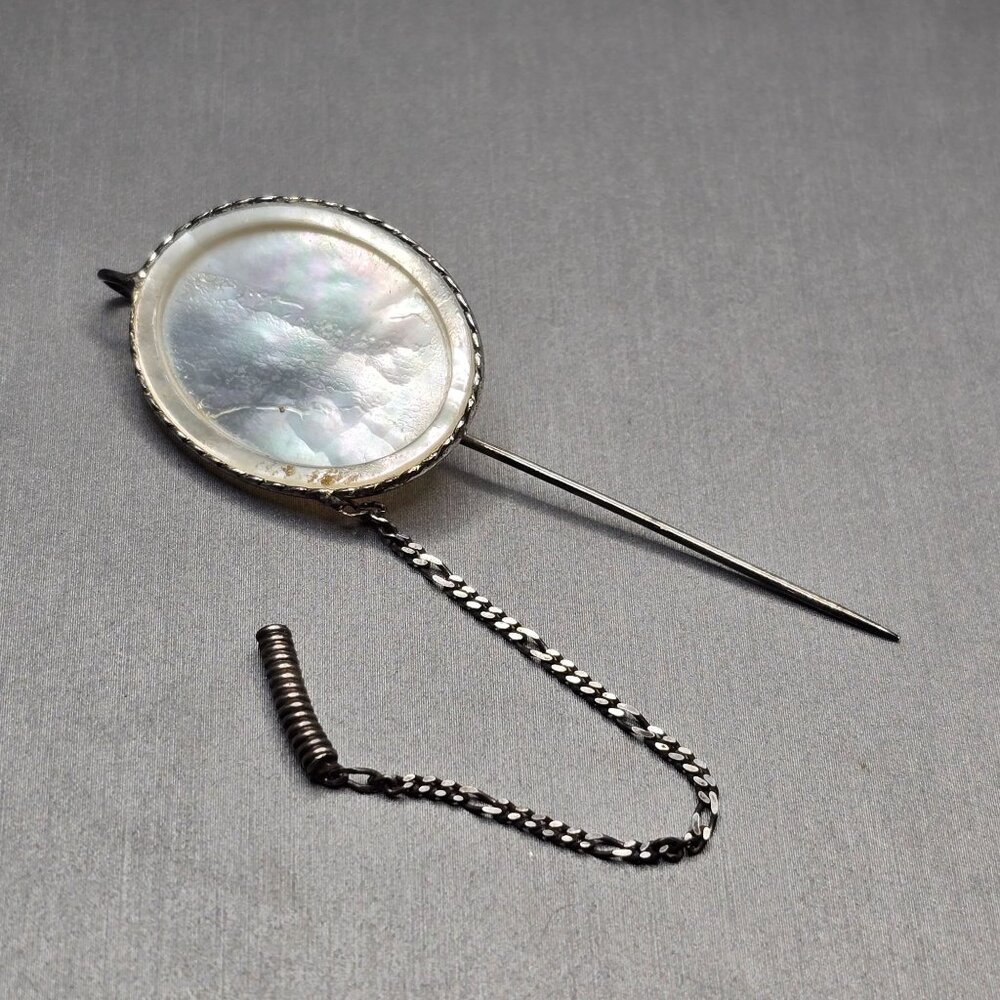 VTG Italian Sterling Silver MOP Stick Pin 3" Figaro Safety Chain - Picture 5 of 11